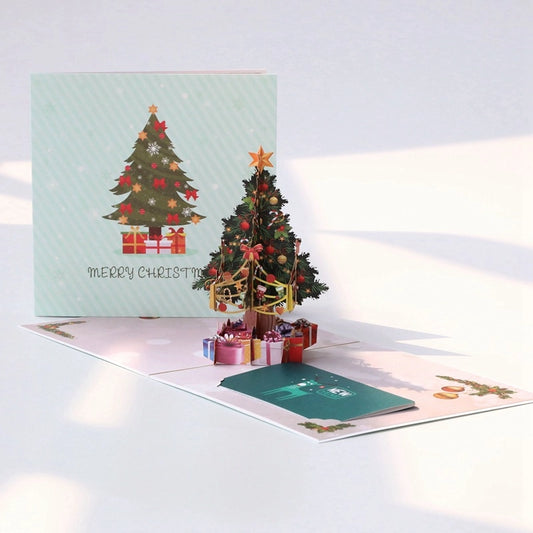 3D Christmas tree pop-up card opened with decorated Christmas tree and colorful presents