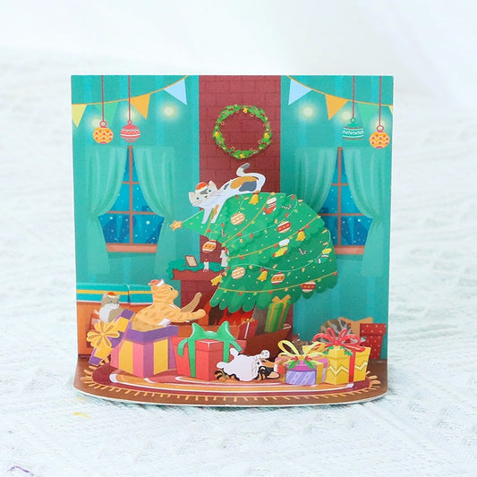 3D Christmas pop-up card with cute cats and Christmas tree
