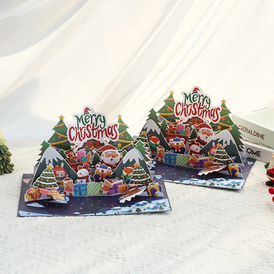 Open 3D Christmas pop-up card with Santa Claus, Christmas trees and festive winter scene