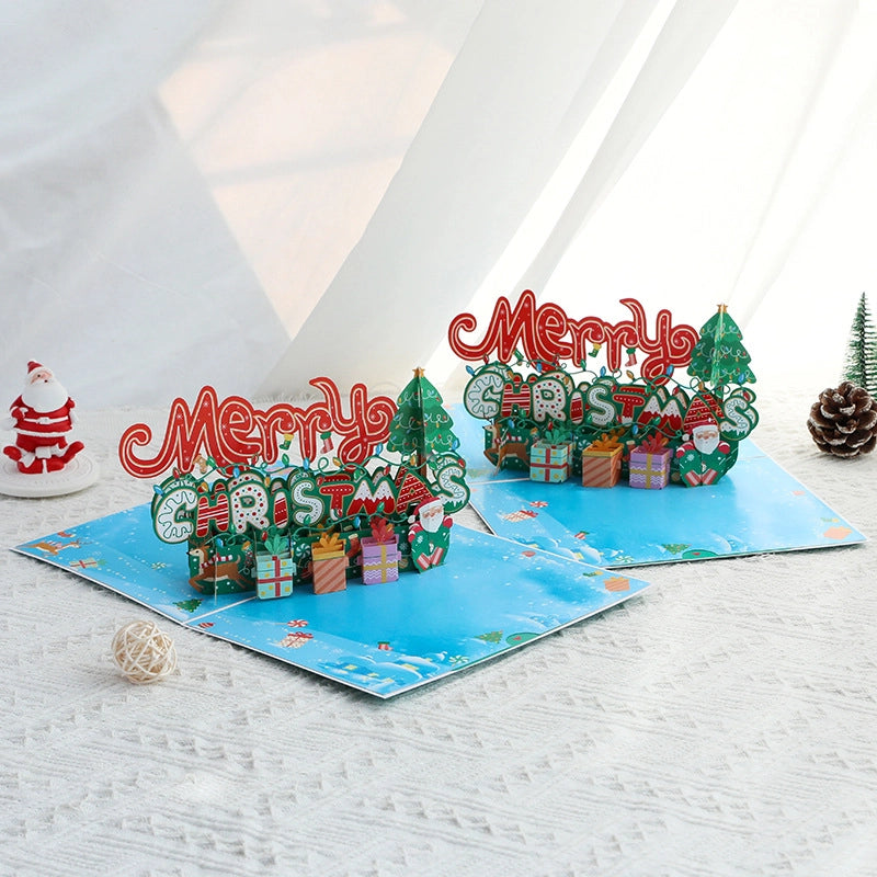 Open 3D Christmas greeting card with Christmas tree and gifts