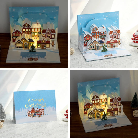 Light up 3D Christmas pop up card with festive village scene