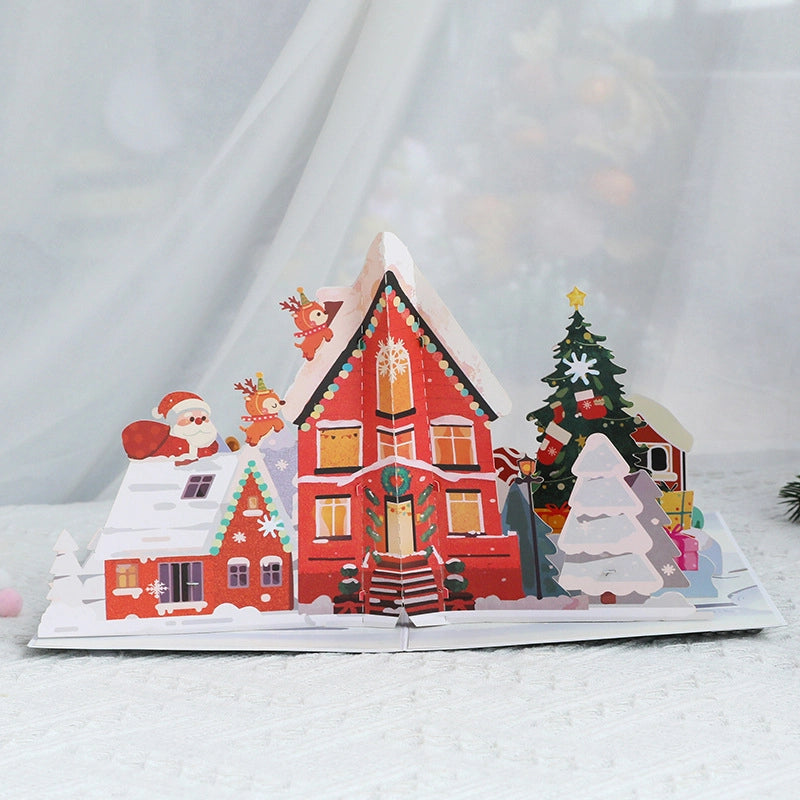 3D Christmas Greeting Card Featuring Red Holiday House and Decorated Christmas Trees