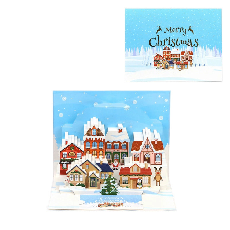 3D Christmas village greeting card with Santa and Christmas tree