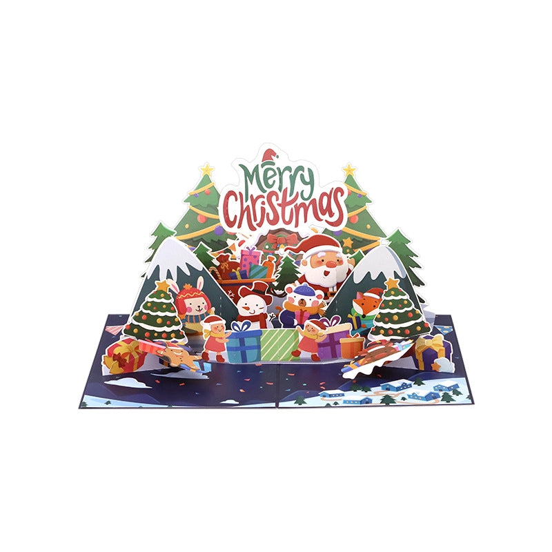 Santa Claus Christmas pop-up card with Merry Christmas message and decorated Christmas trees