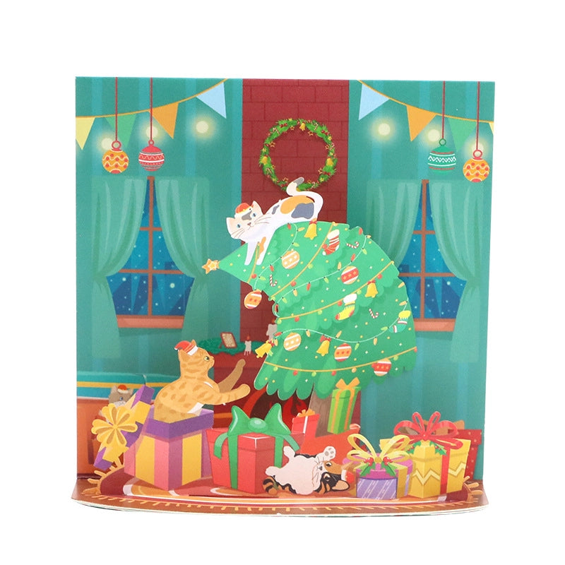 3D Christmas greeting card displayed with festive cat and gift design