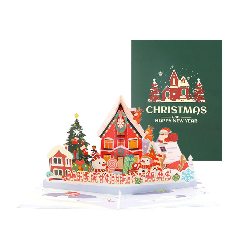 Open 3D Christmas Pop-Up Card with Santa Claus, Reindeer and Snowman