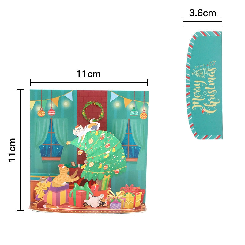 Cute Christmas pop-up card folded flat with cat Christmas design