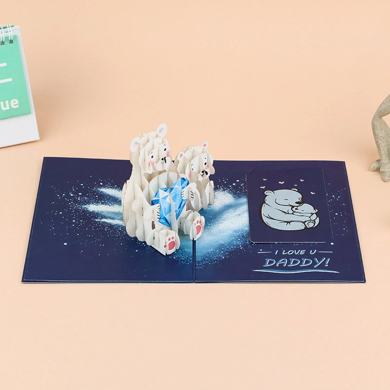 3D Father's Day pop-up card with polar bear dad and child