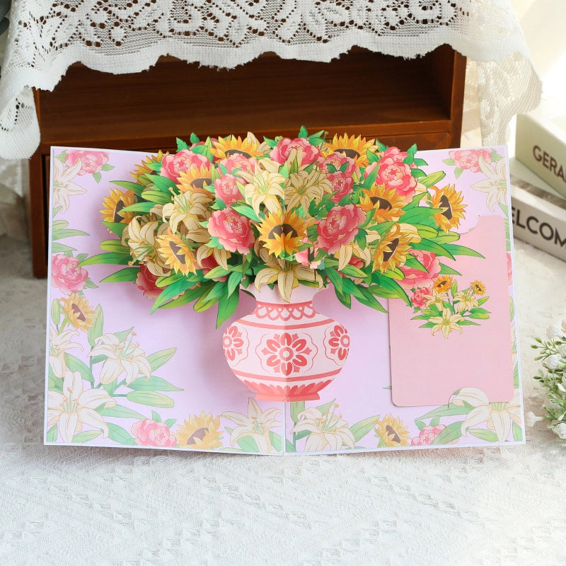 3D pop-up flower bouquet card with sunflowers lilies and pink flowers