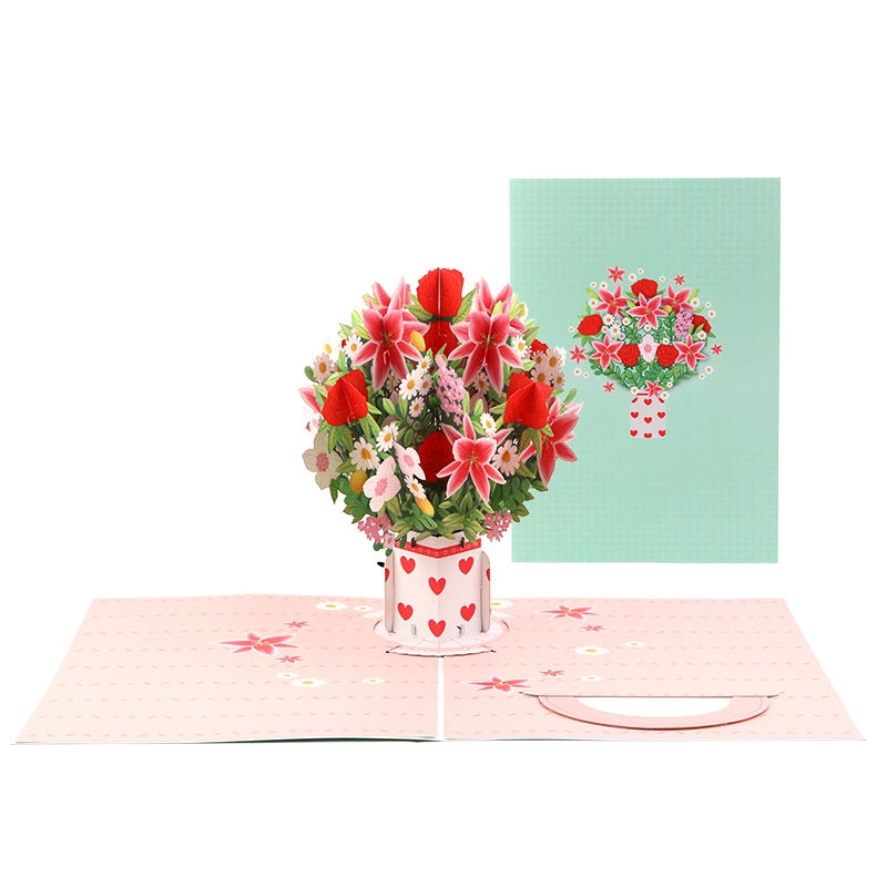 Comparison of the closed mint-green floral cover and the open 3D red rose bouquet card
