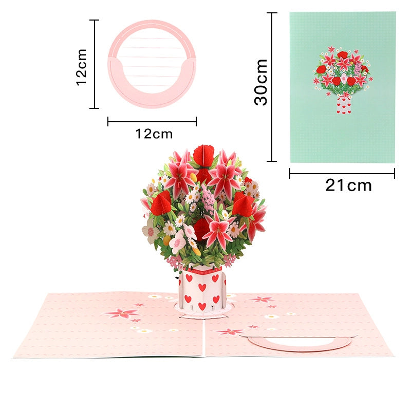 Size chart for the pop-up flower card showing 30cm height when open and 21cm width when closed