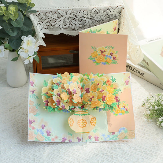 3D pop-up flower bouquet card with colorful flowers and decorative vase
