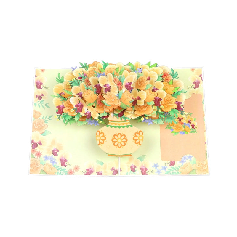 Opened 3D pop-up flower bouquet card with decorative vase
