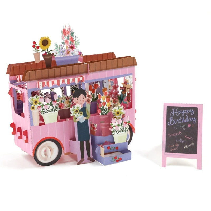 3D pop-up flower cart birthday card displayed open