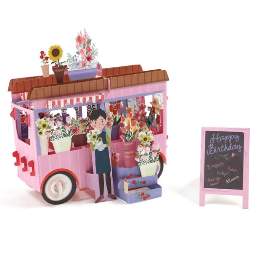 3D pop-up flower cart birthday card displayed open