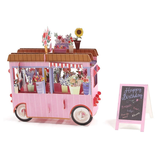 Pink 3D flower cart birthday pop-up card from the front and back