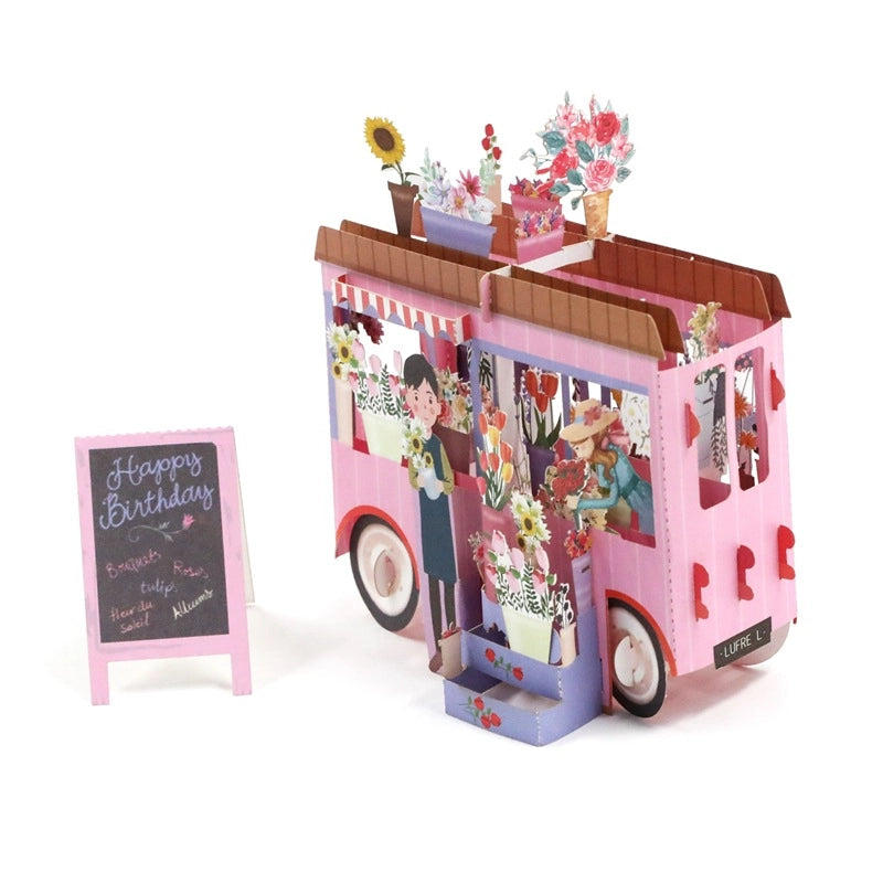 Detailed 3D flower cart birthday greeting card design
