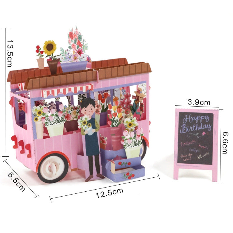 3D pop-up flower cart birthday card dimensions 12.5 x 6.5 x 13.5 cm