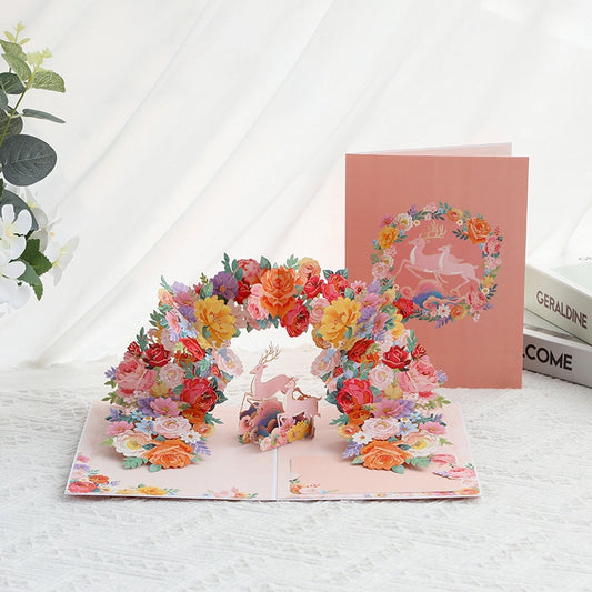 Floral deer 3D pop-up greeting card with colorful flowers