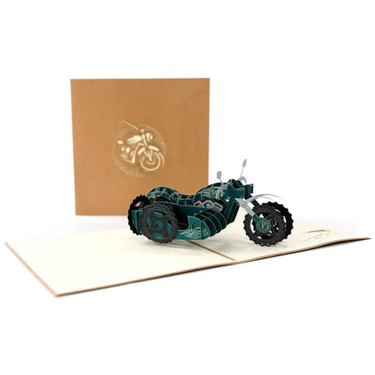 3D motorcycle pop-up card opened with detailed motorcycle design