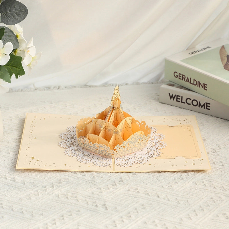 Open 3D princess greeting card with a beautiful golden princess wearing an elegant dress