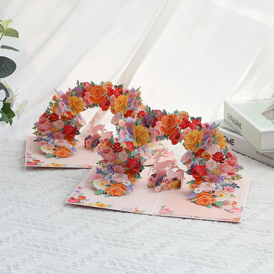 Romantic pink floral deer pop-up card opened