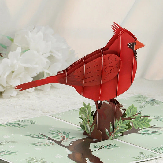 Close-up of red cardinal 3D pop-up greeting card