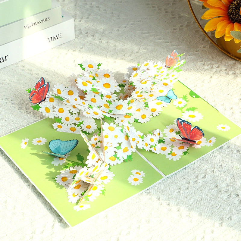 Daisy butterfly 3D pop-up greeting card opened