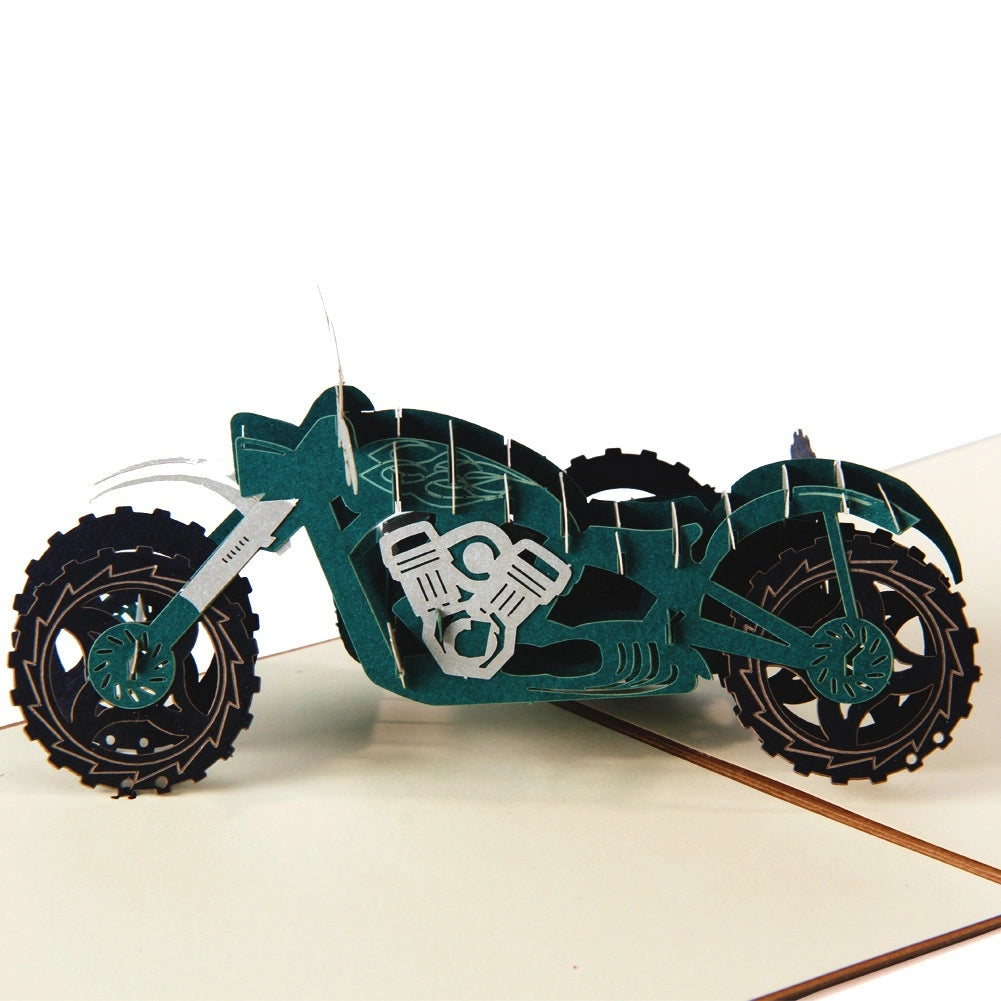 Detailed 3D motorcycle pop-up card close-up