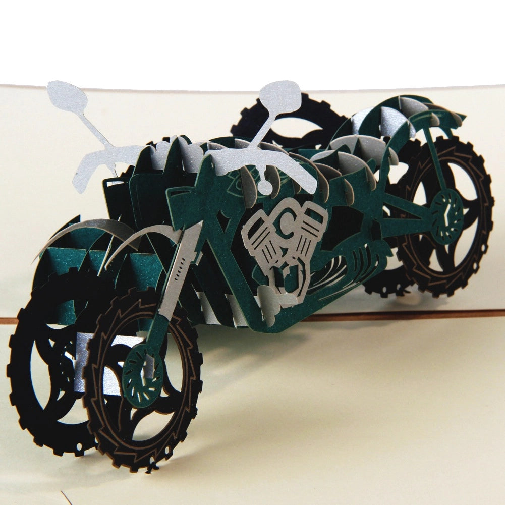 Side view of 3D motorcycle pop-up greeting card
