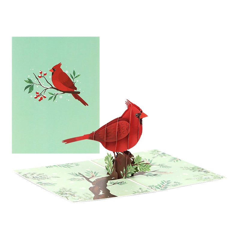 3D cardinal Christmas greeting card opened with winter tree scene