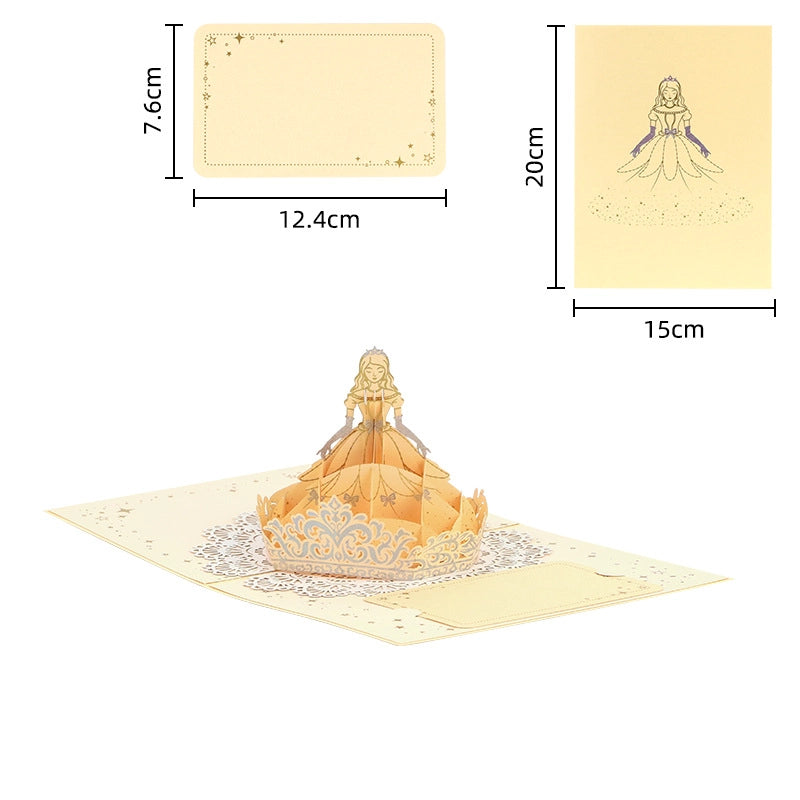 3D pop-up princess greeting card dimensions showing a 15 by 20 cm card and writing area