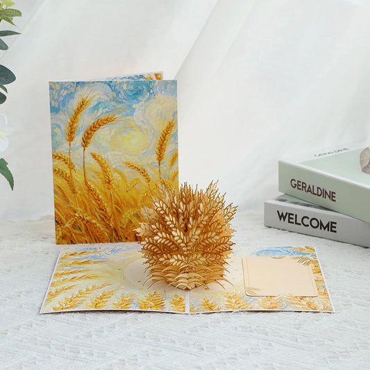 3D Pop-Up Wheat Card with golden wheat bouquet and wheat field design