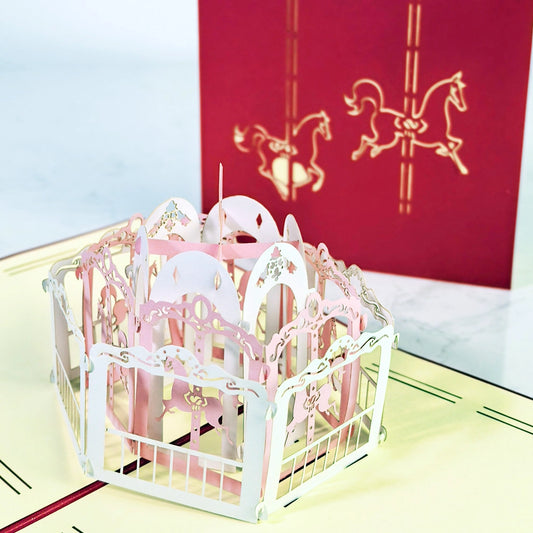 Intricate Merry-Go-Round Pop-Up Card Open View