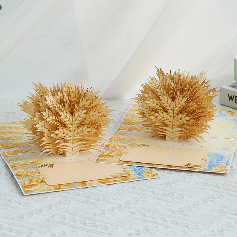 Open 3D Pop-Up Wheat Card featuring a detailed golden wheat bouquet