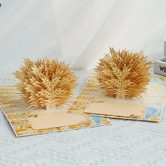 Open 3D Pop-Up Wheat Card featuring a detailed golden wheat bouquet