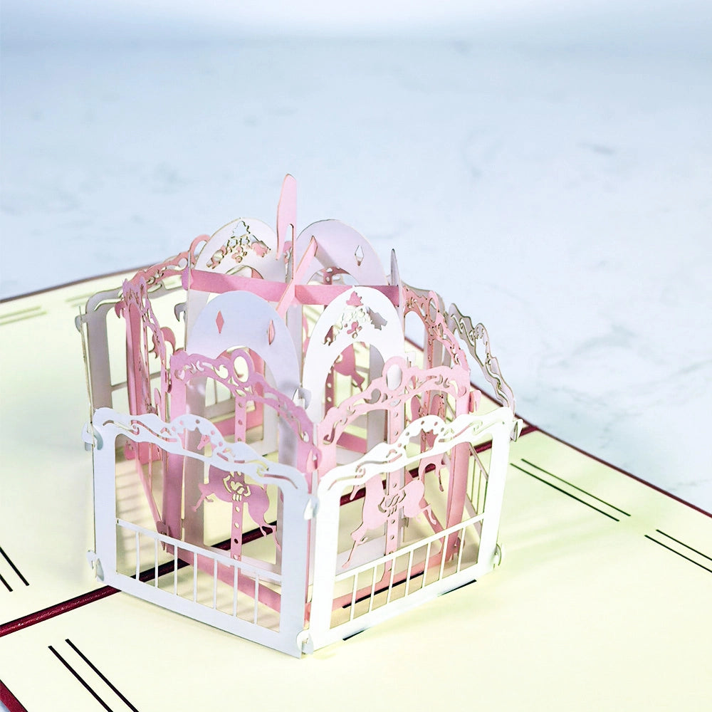 Pink and White Carousel 3D Birthday Greeting Card