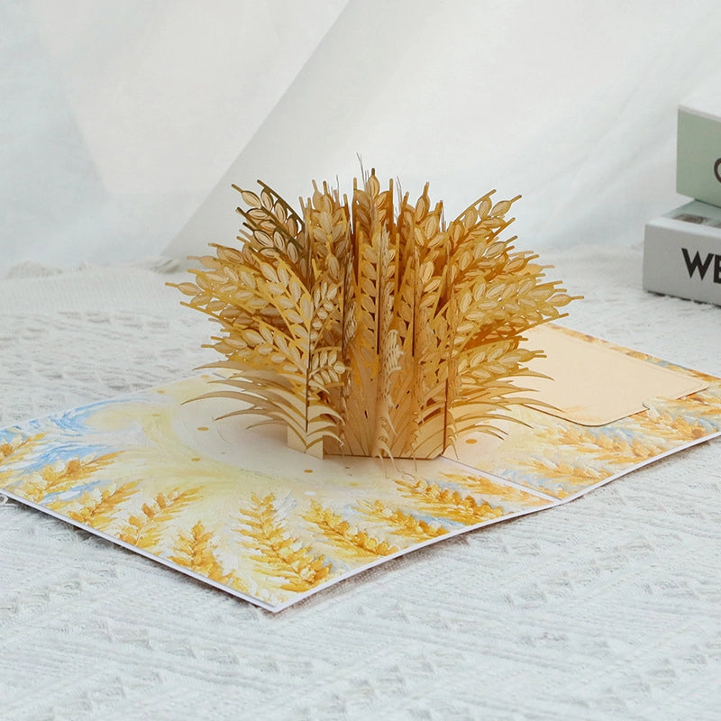 Close-up of golden wheat bouquet in a 3D Pop-Up Greeting Card