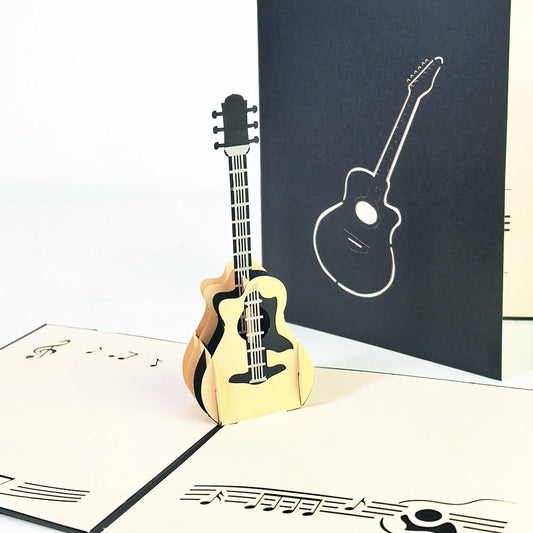 3D guitar pop-up card opened showing detailed paper guitar design
