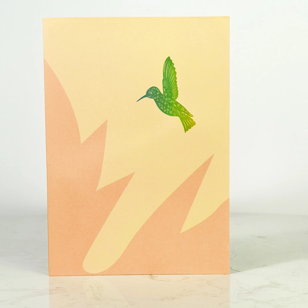Hummingbird greeting card front cover with colorful bird design