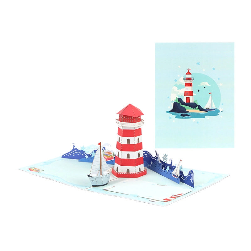 3D pop-up ocean card featuring lighthouse, sailboat and waves