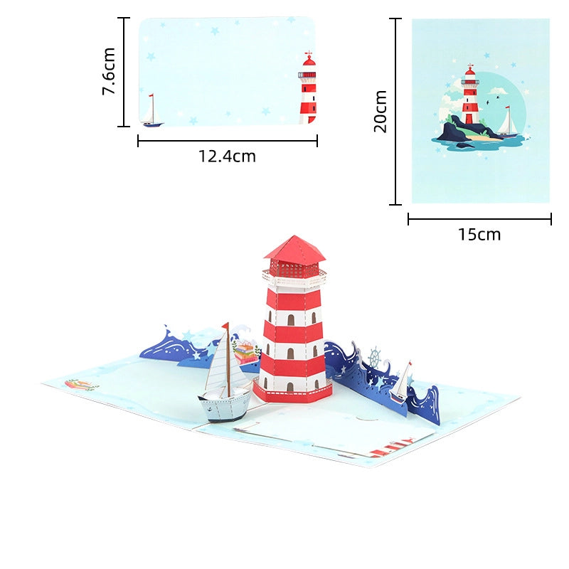 3D pop-up lighthouse card dimensions and seaside design