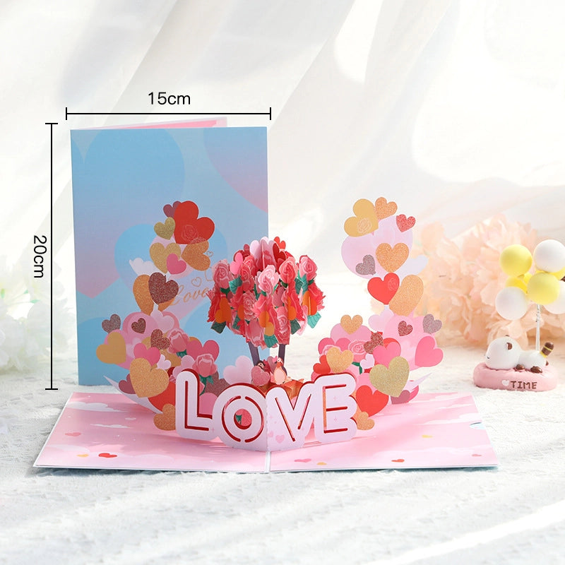 3D pop-up love card with roses and hearts, size 20cm x 15cm, romantic handmade greeting card front view