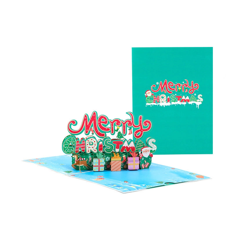 Studio shot of the Merry Christmas 3D pop-up card fully opened, displaying the reindeer and gift box scene against a white background.