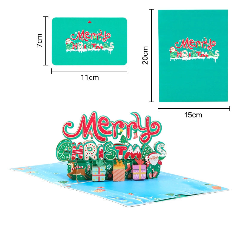 Dimensions diagram of the Christmas card showing closed size 15x20cm and envelope size 11x7cm.