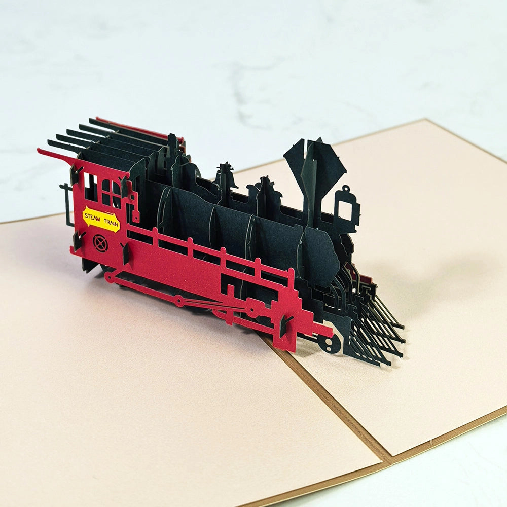 Red and black 3D steam locomotive pop-up greeting card