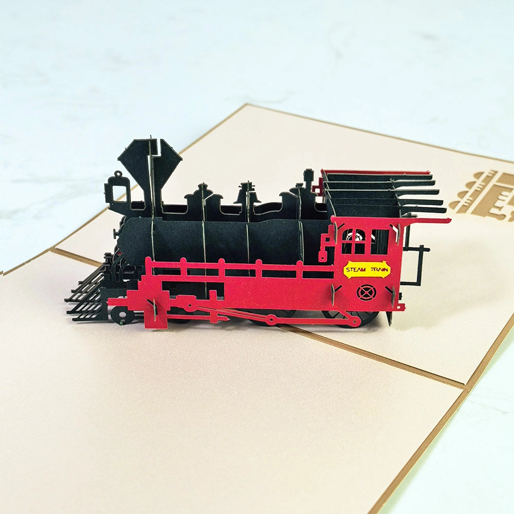 Side view of detailed 3D pop-up steam train greeting card