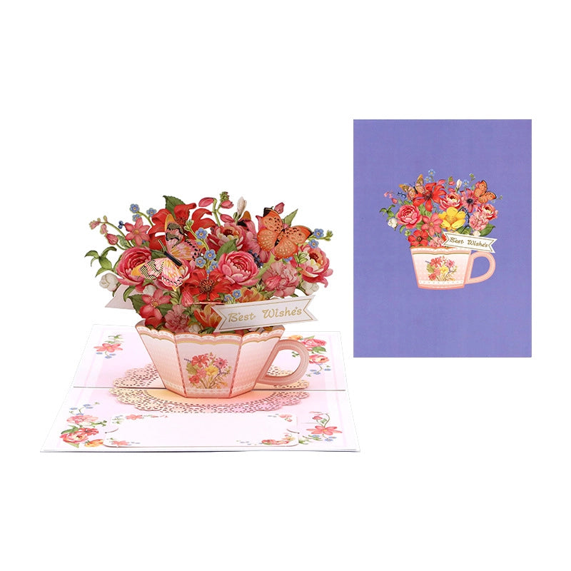 Isolated view of floral teacup pop-up card and matching envelope