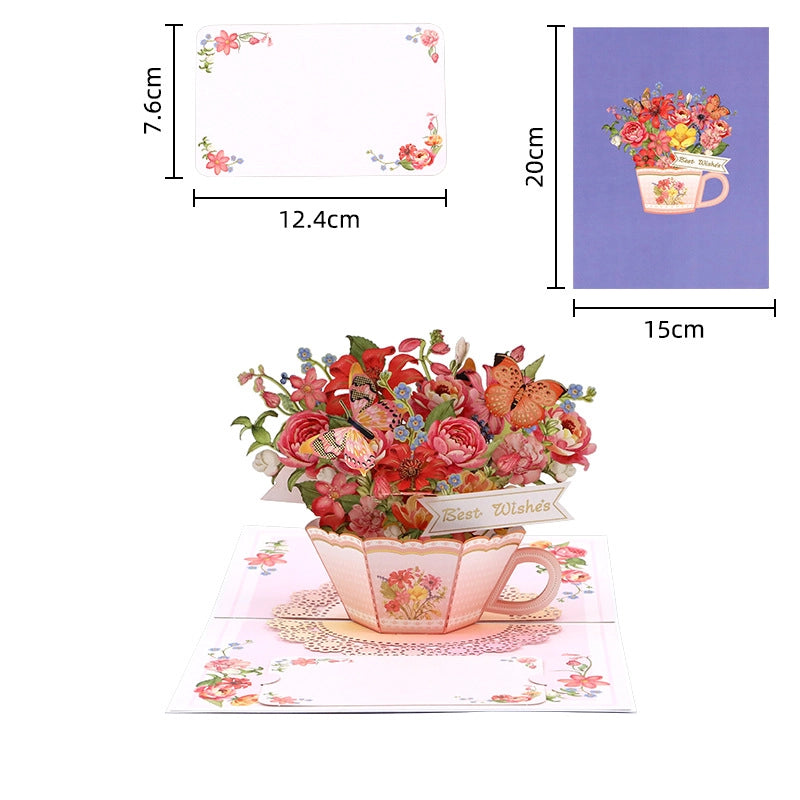 Dimensions of teacup greeting card showing 15x20cm size and writing space
