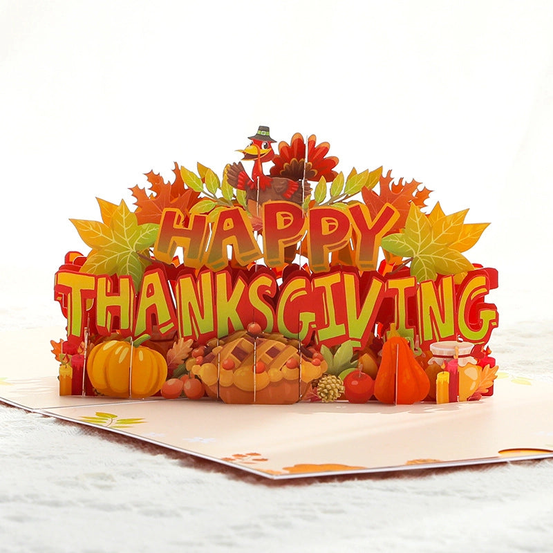 3D Thanksgiving greeting card opened with festive turkey and autumn decorations